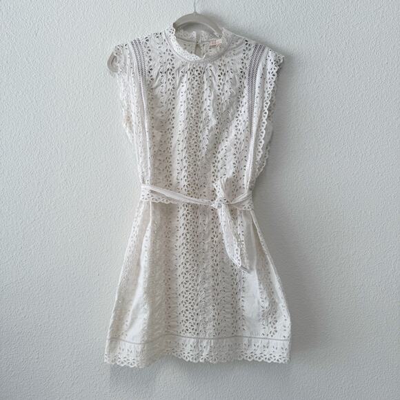 Rebecca Taylor White Eyelet Cotton Mini Dress Cap Sleeve Belted Size 6 - Picture 1 of 3